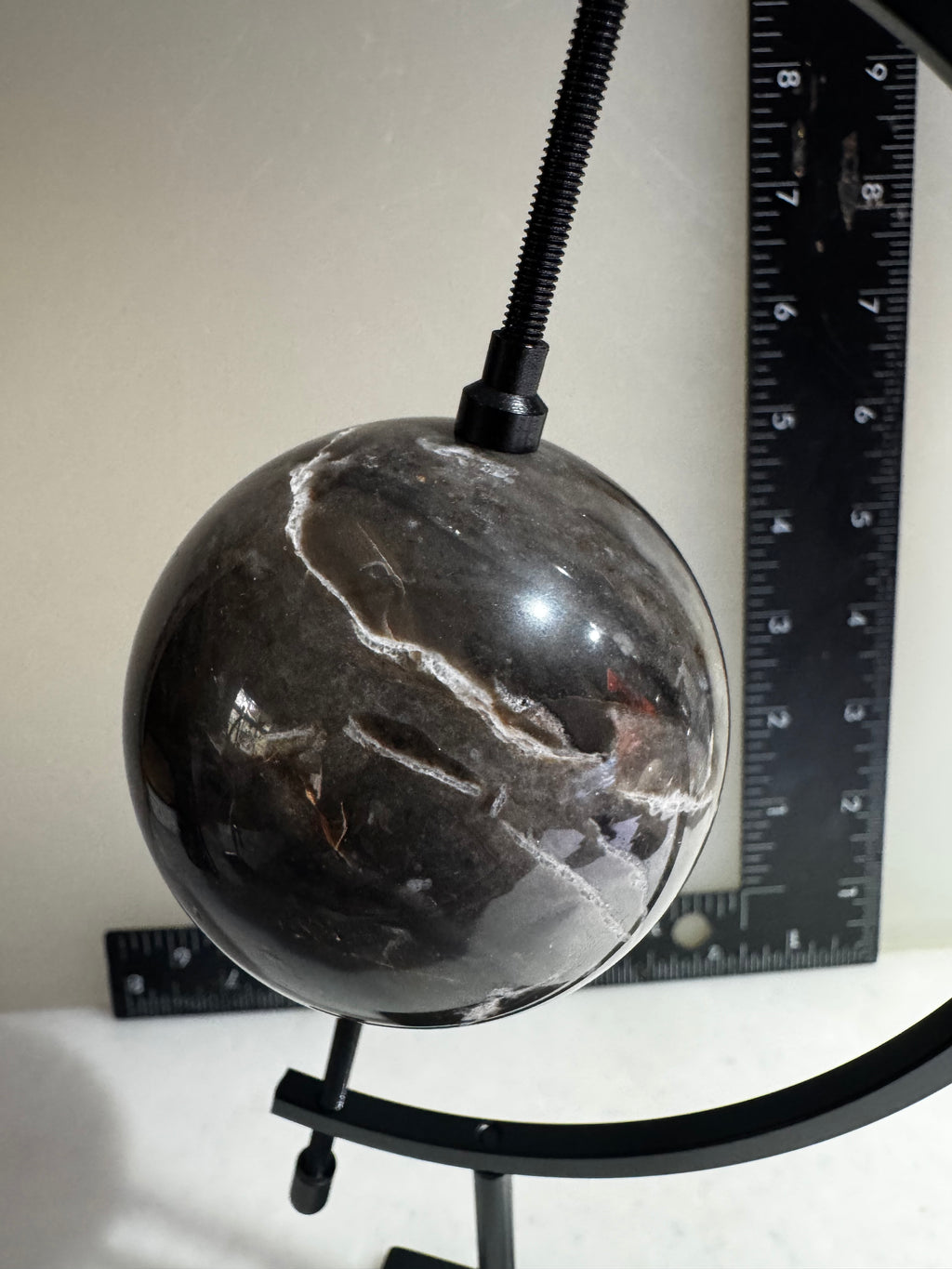 Black Septarian Sphere on Metal Stand