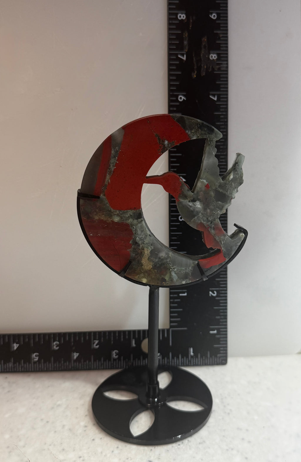 Red Jasper and Moss Agate Hummingbird Moon Sculpture