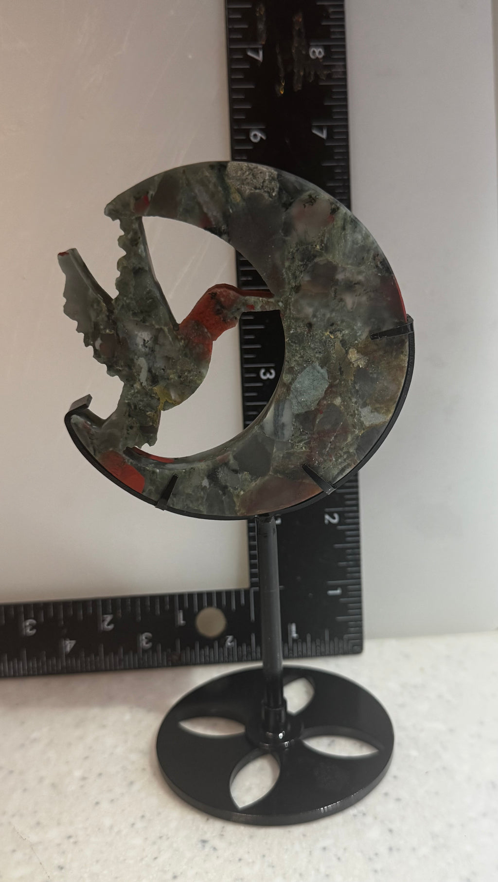 Red Jasper and Moss Agate Hummingbird Moon Sculpture