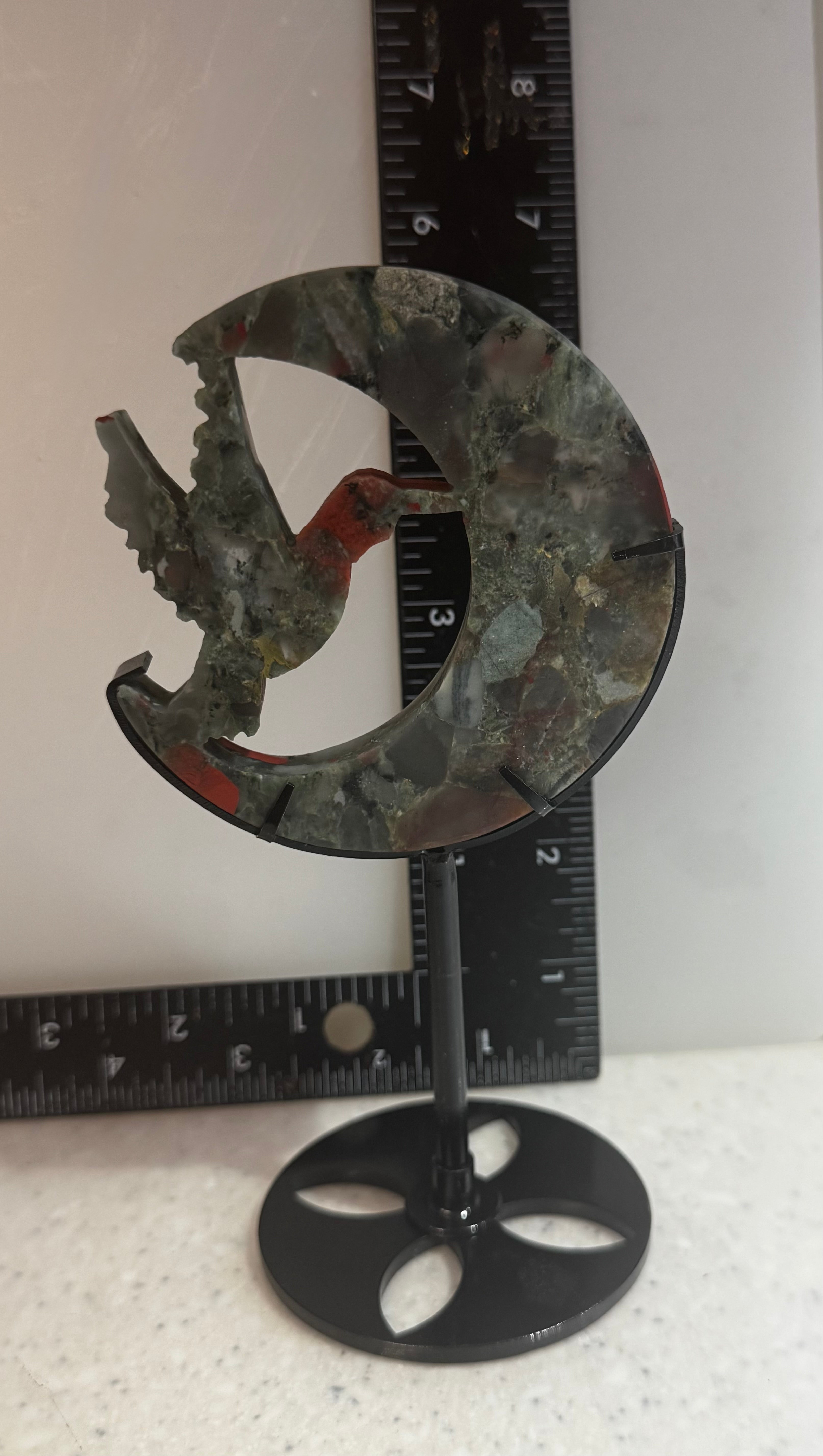 Red Jasper and Moss Agate Hummingbird Moon Sculpture