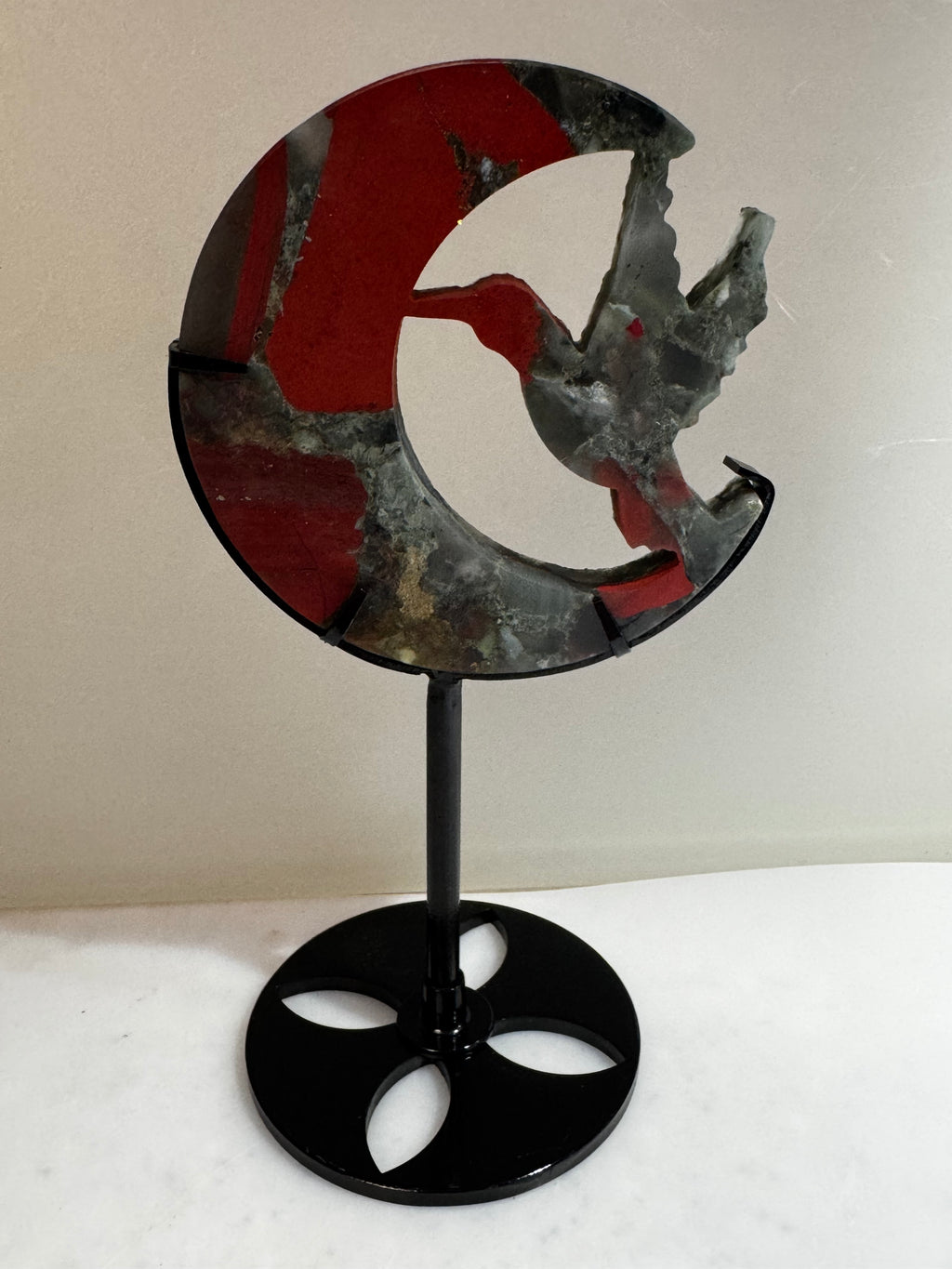 Red Jasper and Moss Agate Hummingbird Moon Sculpture