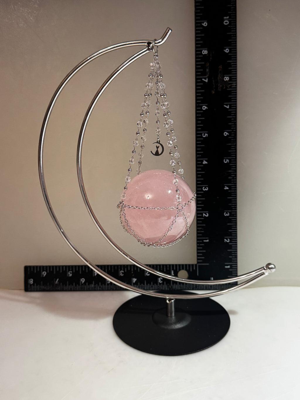 Rose Quartz Sphere with Crescent Moon Hanging Stand