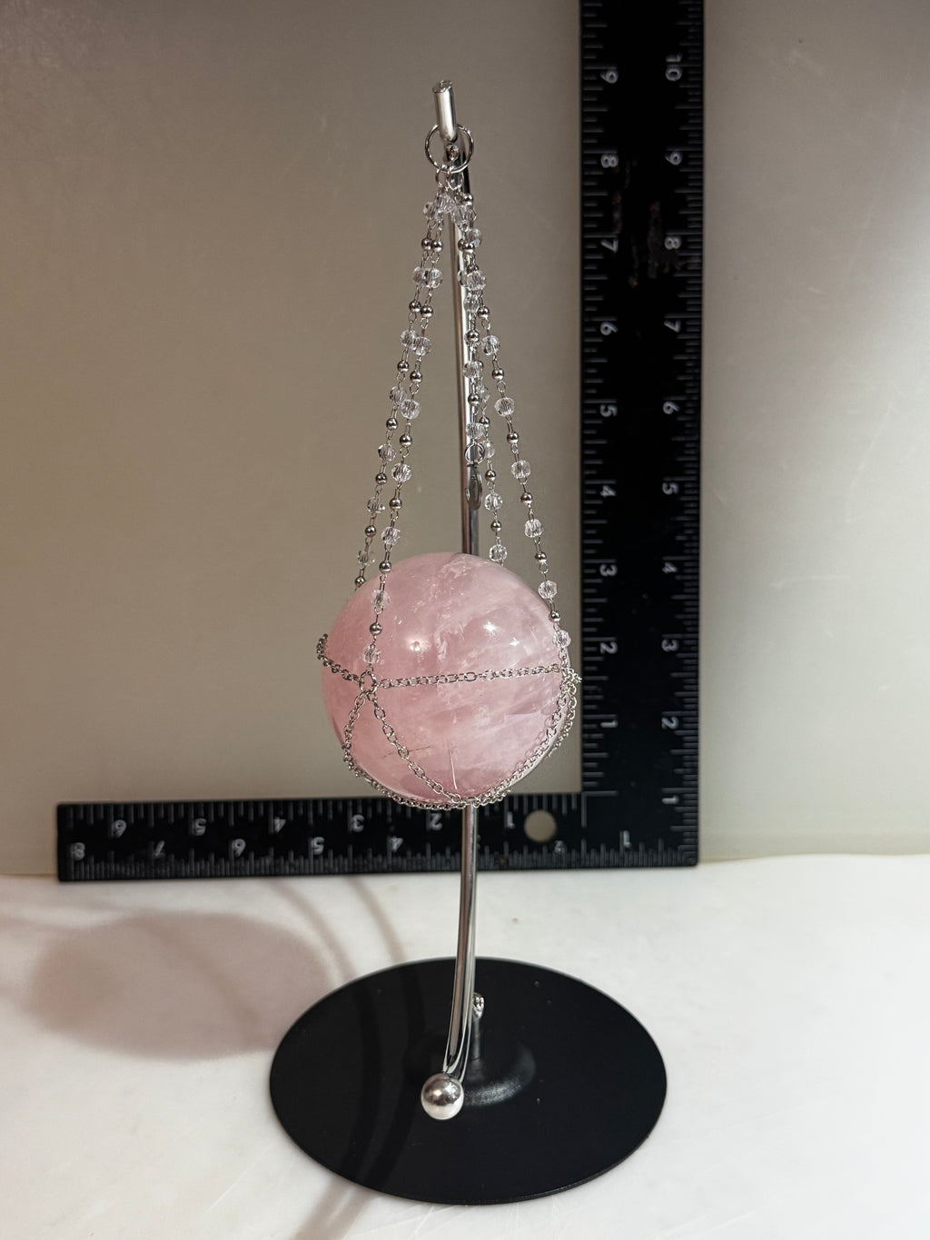 Rose Quartz Sphere with Crescent Moon Hanging Stand