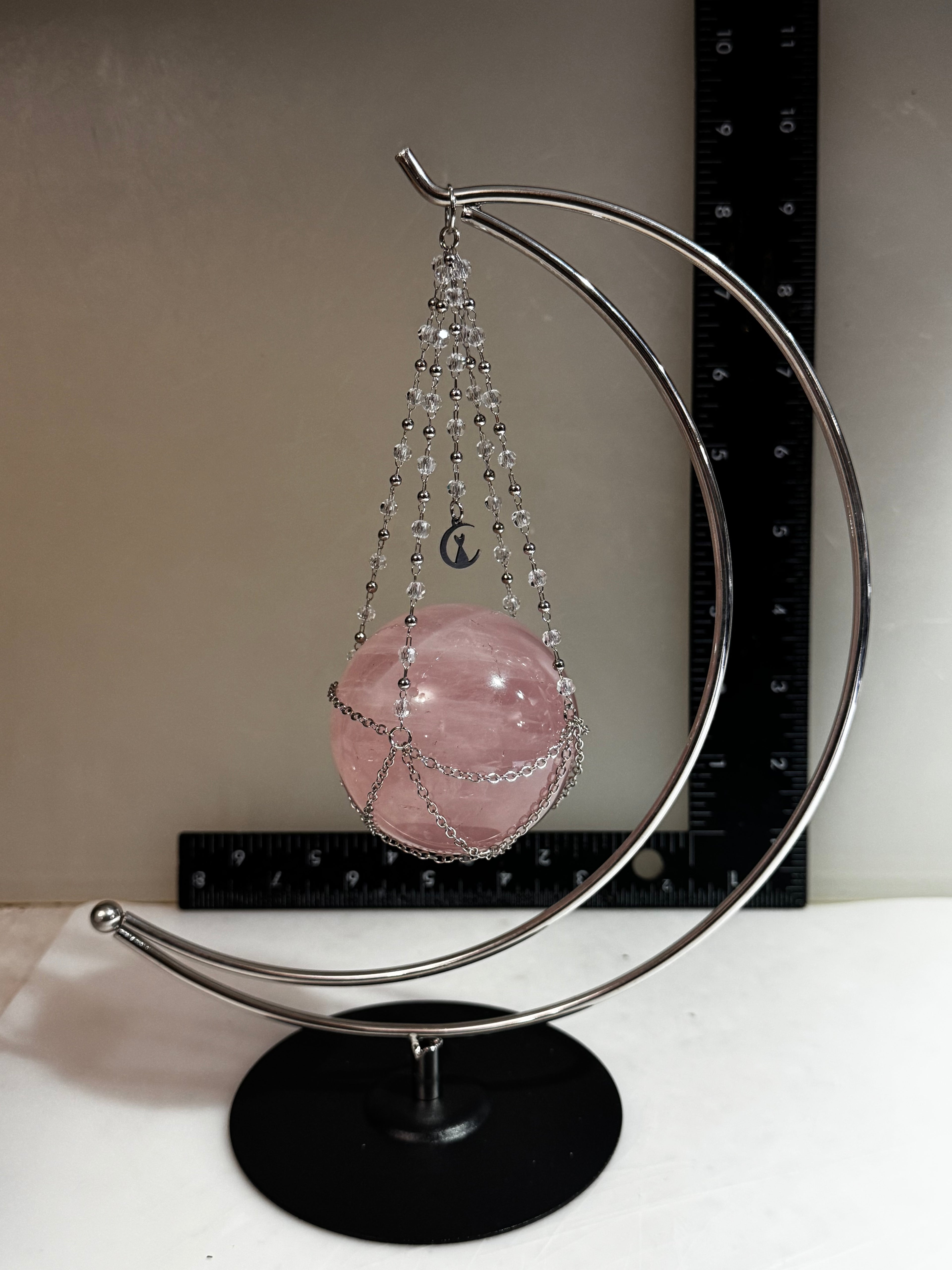 Rose Quartz Sphere with Crescent Moon Hanging Stand