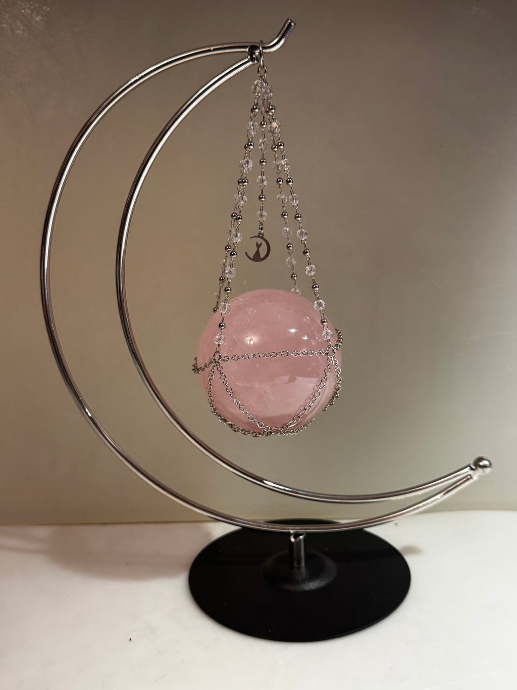 Rose Quartz Sphere with Crescent Moon Hanging Stand