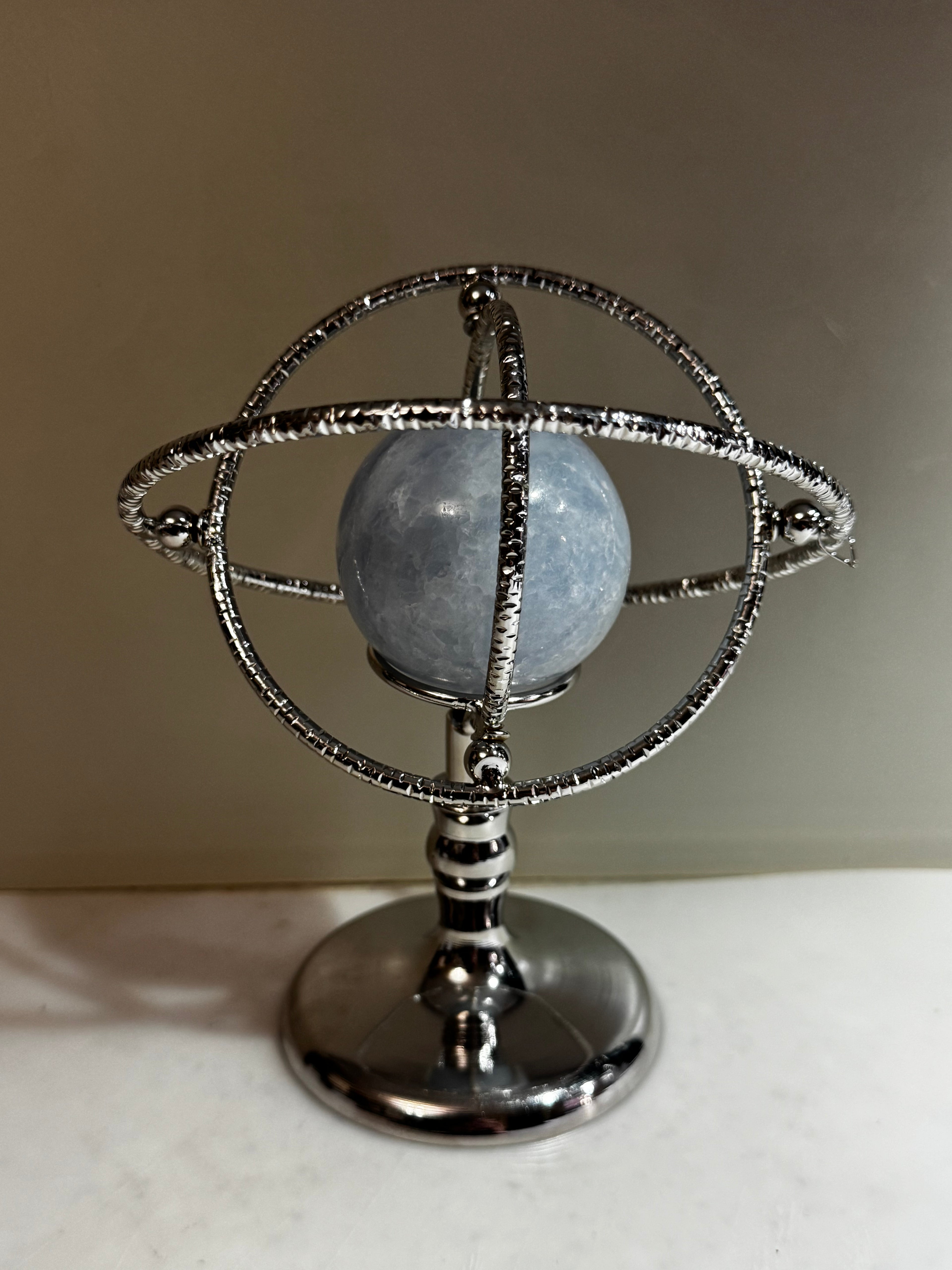 Blue Calcite Sphere with Silver Movable Armillary Stand
