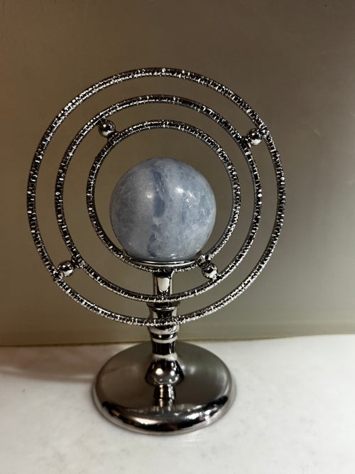 Blue Calcite Sphere with Silver Movable Armillary Stand