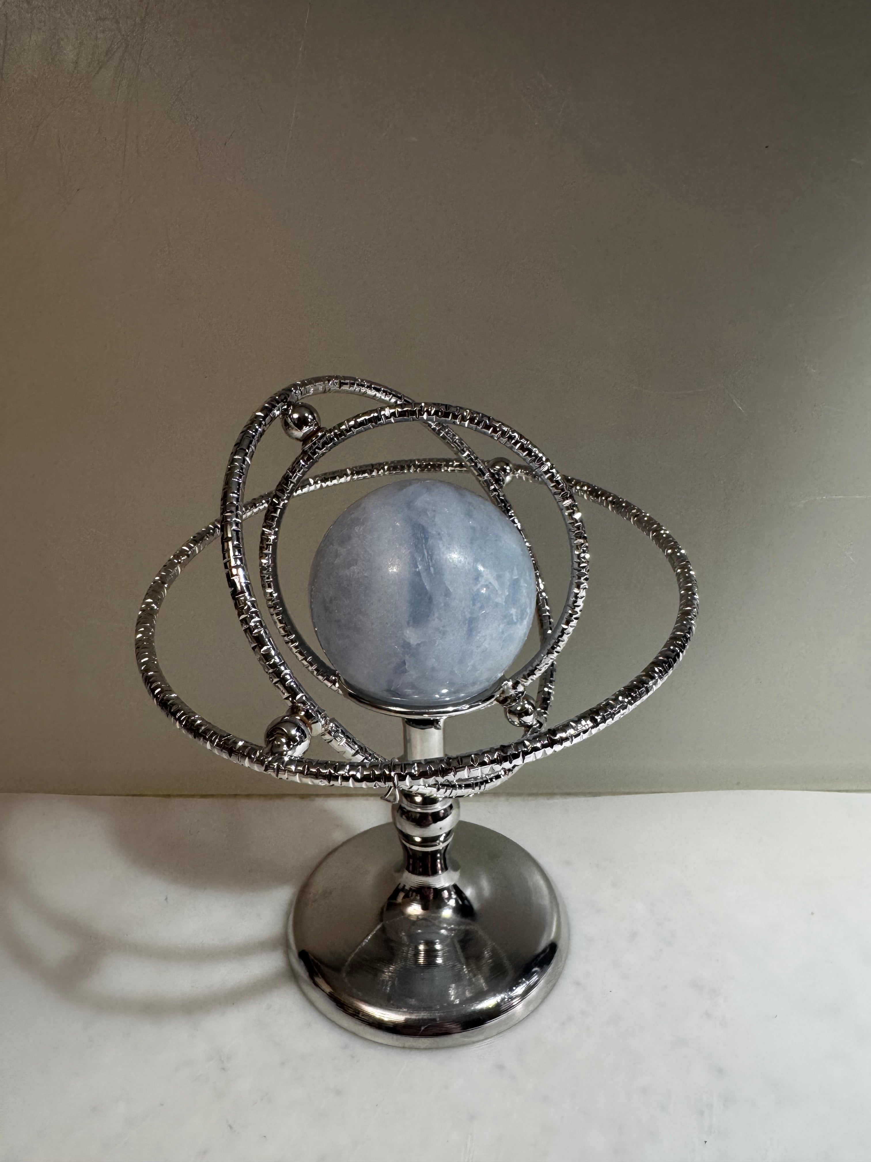 Blue Calcite Sphere with Silver Movable Armillary Stand