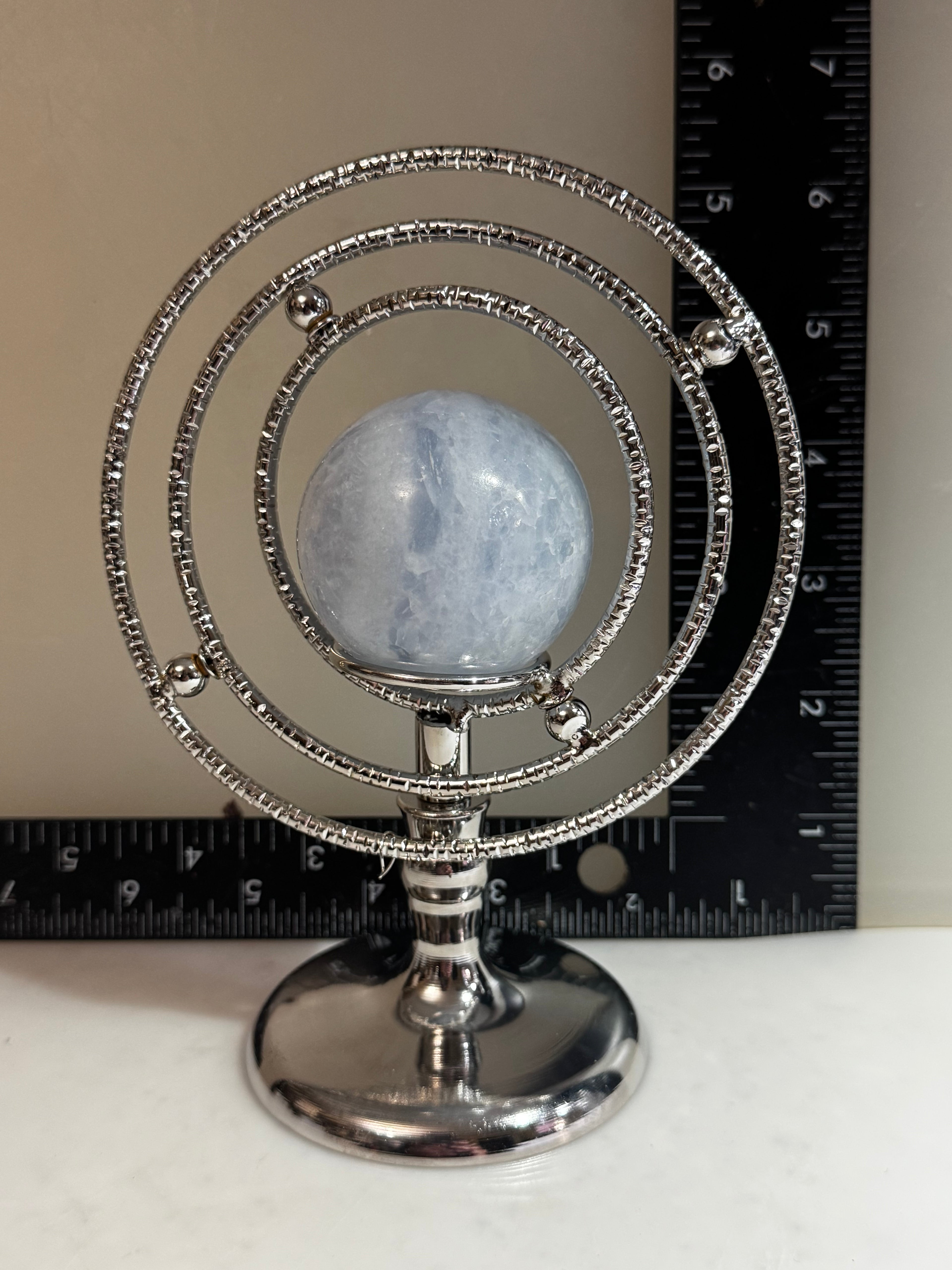 Blue Calcite Sphere with Silver Movable Armillary Stand