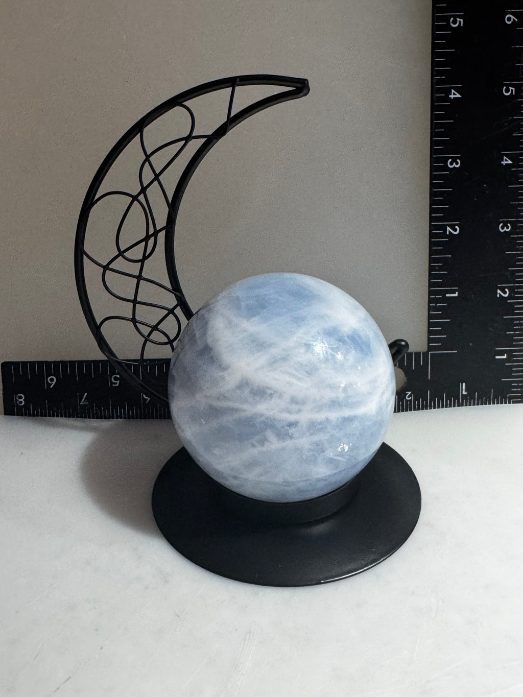 Blue Calcite Sphere with Crescent Moon Stand