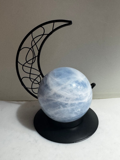 Blue Calcite Sphere with Crescent Moon Stand