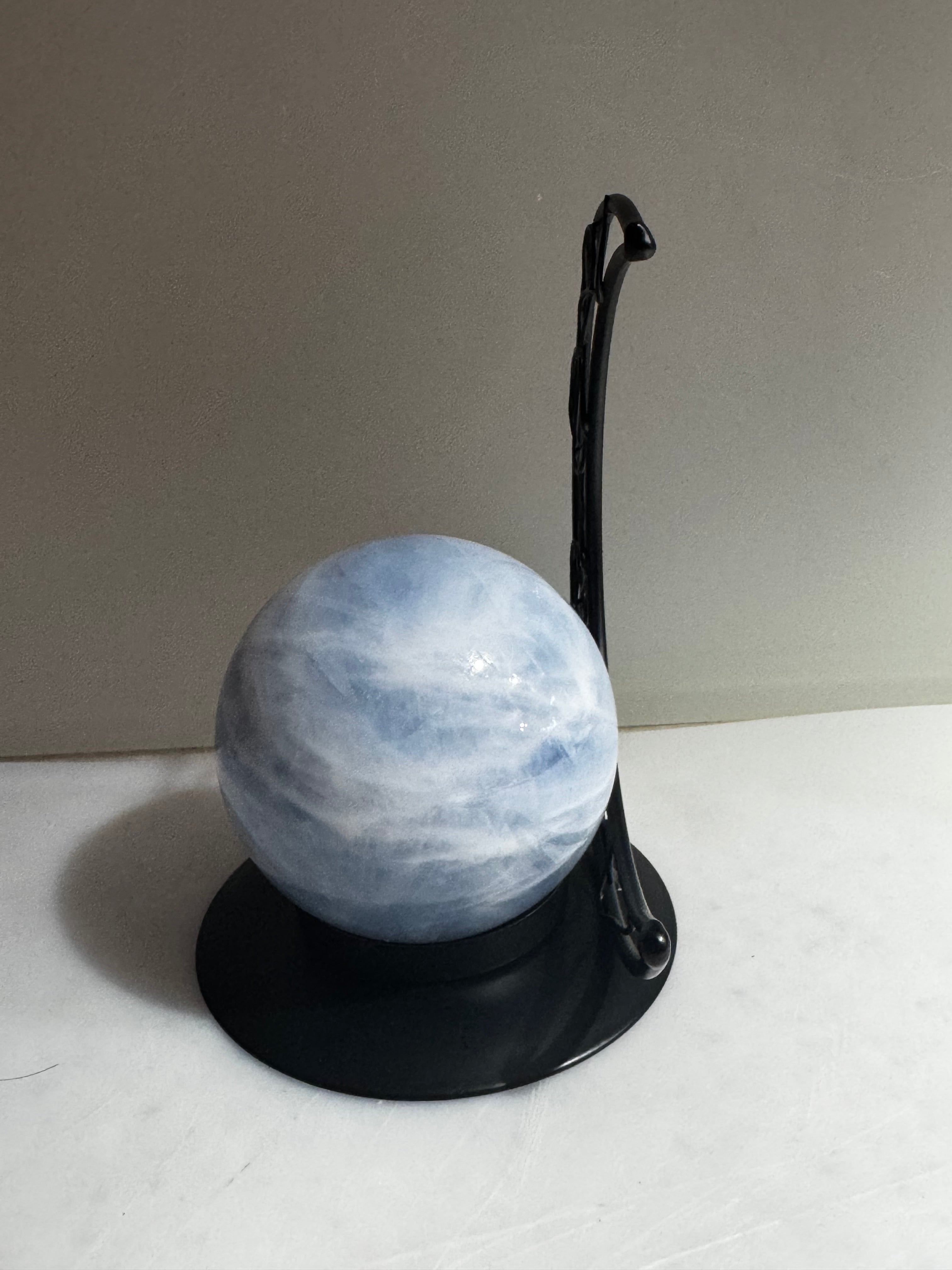 Blue Calcite Sphere with Crescent Moon Stand