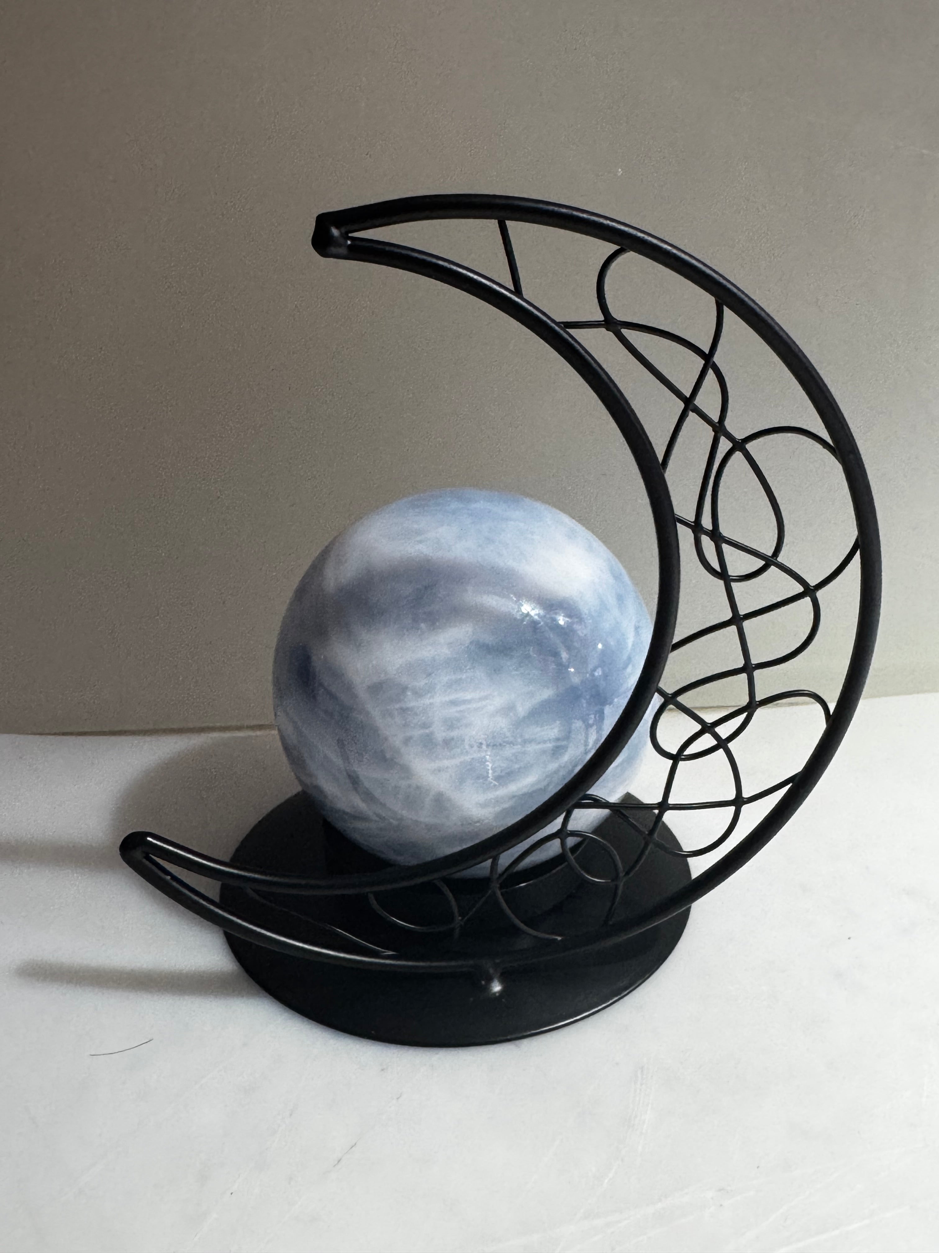 Blue Calcite Sphere with Crescent Moon Stand