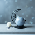 Blue Calcite Sphere with Crescent Moon Stand