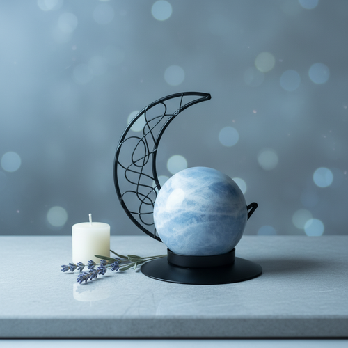 Blue Calcite Sphere with Crescent Moon Stand