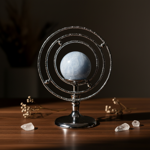 Blue Calcite Sphere with Silver Movable Armillary Stand