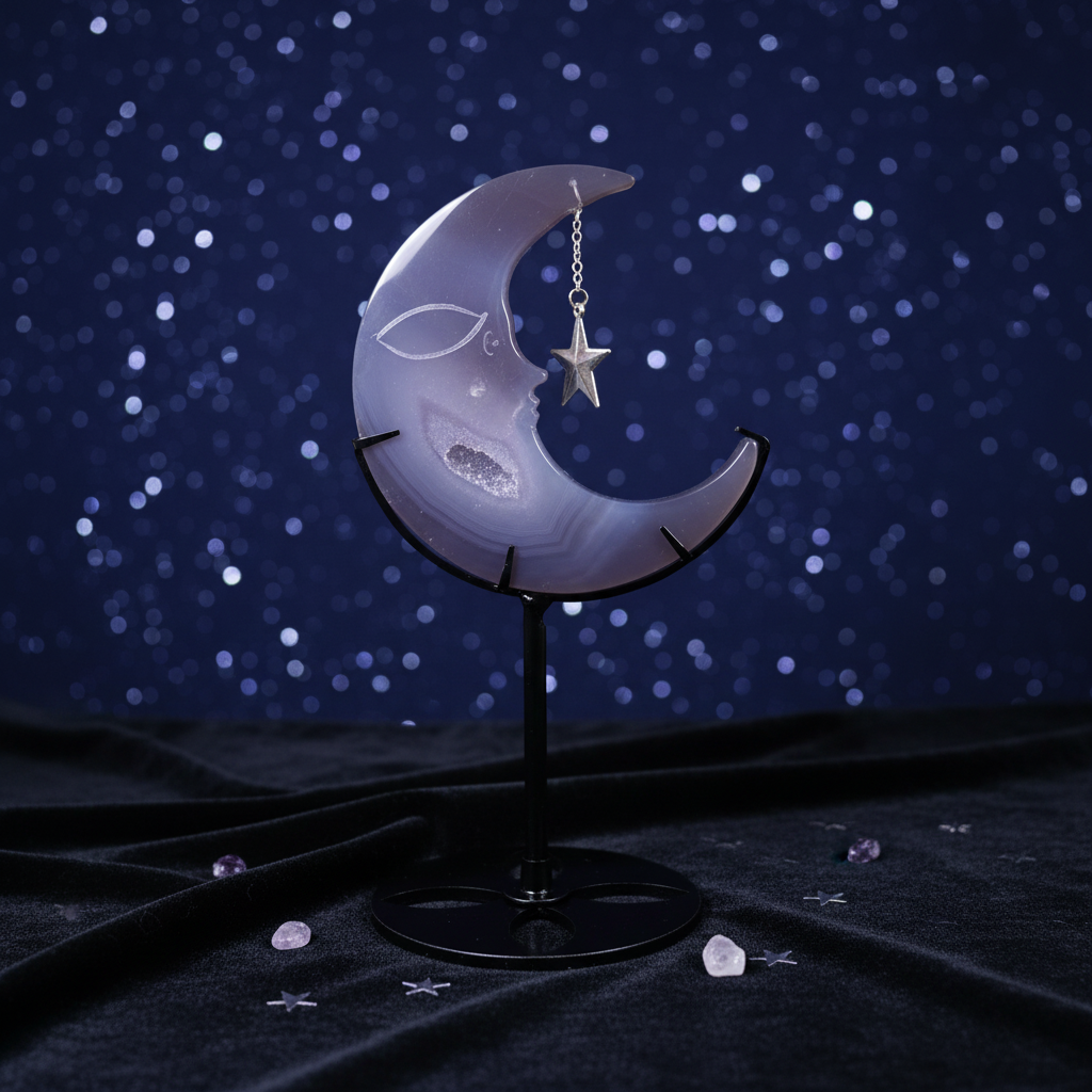 Druzy Agate Crescent Moon Decor with Star Charm and Stand