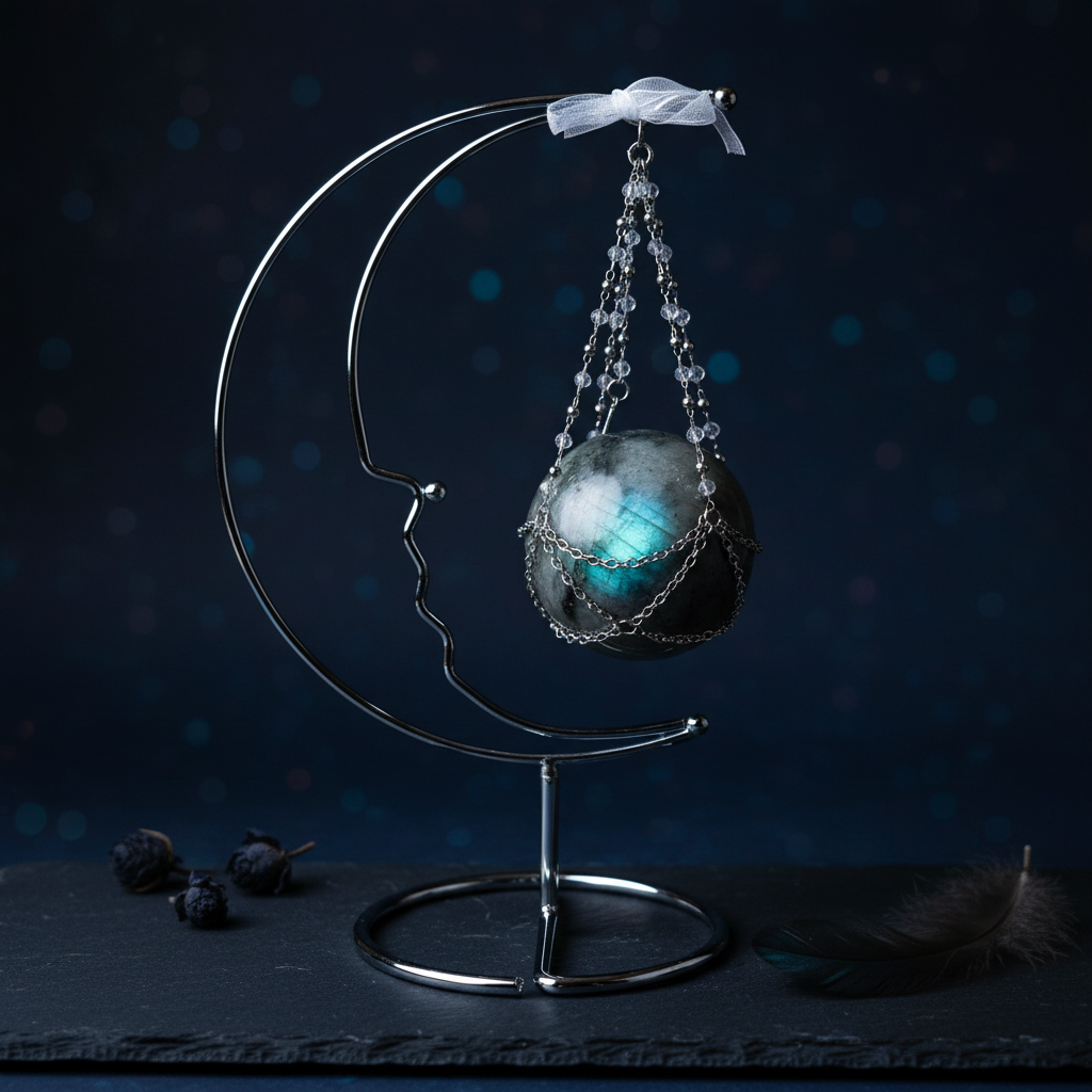 Labradorite Sphere with Crescent Moon Stand