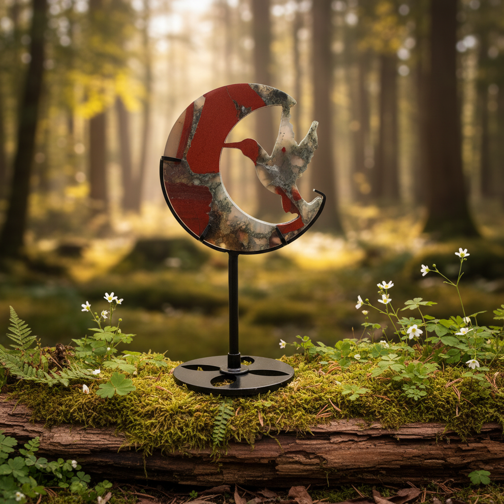 Red Jasper and Moss Agate Hummingbird Moon Sculpture