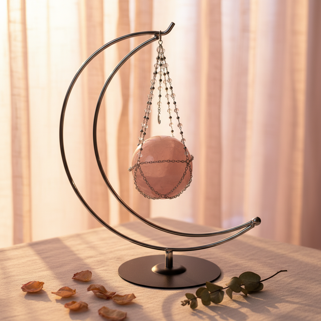 Rose Quartz Sphere with Crescent Moon Hanging Stand